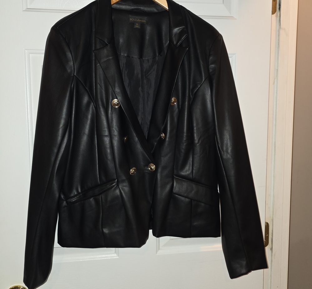 BOLD elements Black Faux Leather Double-Breasted Blazer with Gold Buttons